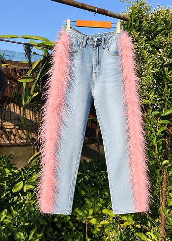 Zara Pembe Tuylu Acik Mavi Denim Jean