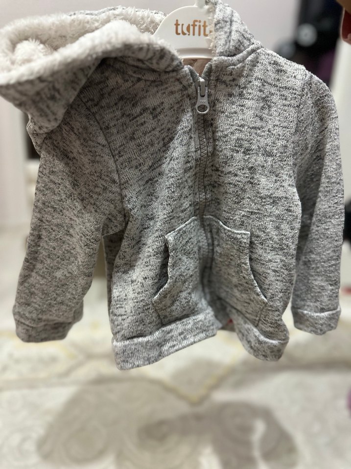 Peluş Kapüşonlu Gri Bebek Tulumu - Görsel 2