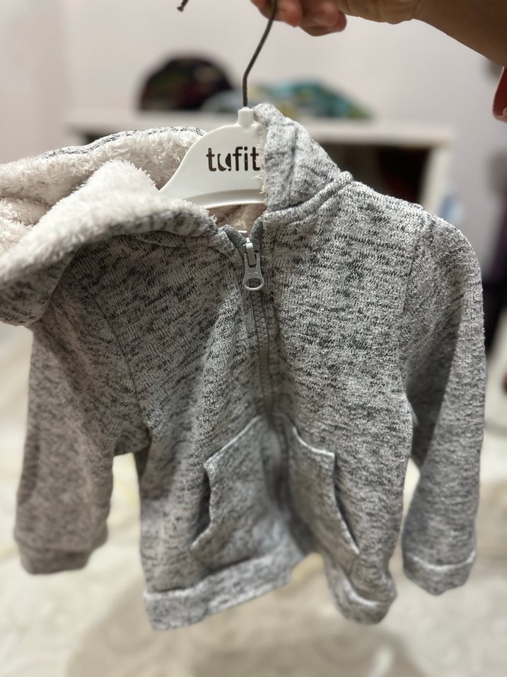 Peluş Kapüşonlu Gri Bebek Tulumu - Görsel 3