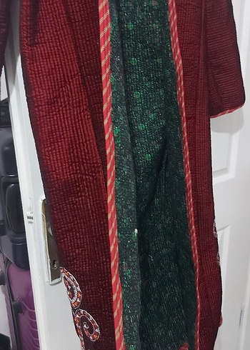 Bordo Nakışlı Bohem Uzun Kadın Ceketi - Görsel 3