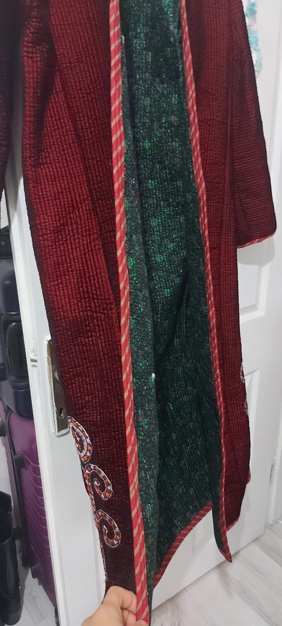 Bordo Nakışlı Bohem Uzun Kadın Ceketi - Görsel 3