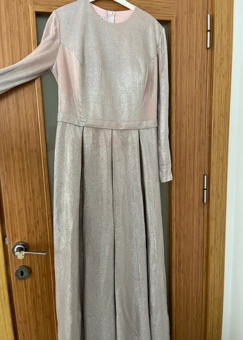 Uzun Kollu Parlak pudra Kadın Abiye Elbise - Görsel 2