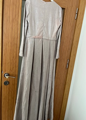 Uzun Kollu Parlak pudra Kadın Abiye Elbise - Görsel 4