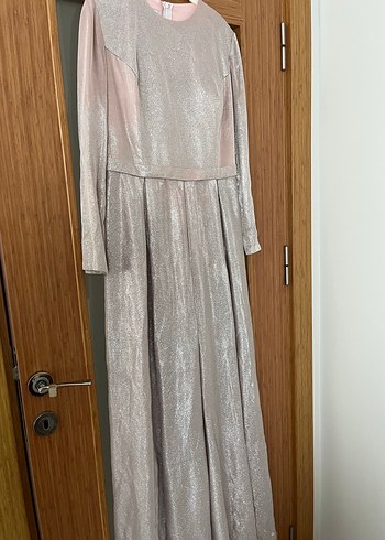 Uzun Kollu Parlak pudra Kadın Abiye Elbise - Görsel 3