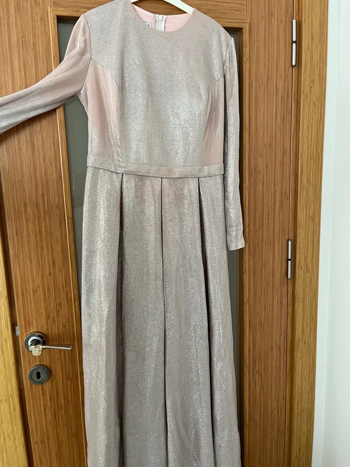 Uzun Kollu Parlak pudra Kadın Abiye Elbise - Görsel 2