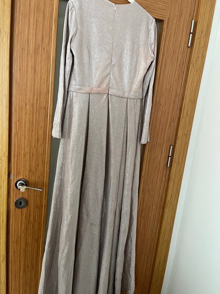 Uzun Kollu Parlak pudra Kadın Abiye Elbise - Görsel 4