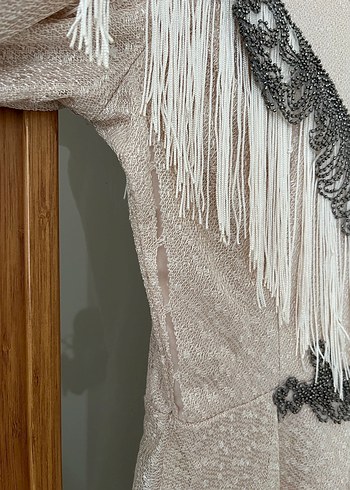 Bej Nakışlı V Yaka Uzun Bohem Elbise - Görsel 4