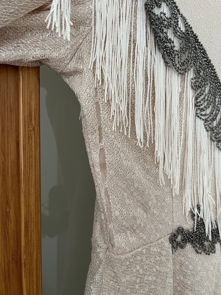 Bej Nakışlı V Yaka Uzun Bohem Elbise - Görsel 4