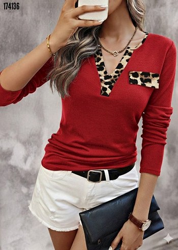 Leopar Detaylı Kırmızı V Yaka Bluz