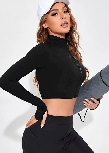 Siyah Fermuarlı Crop Spor Üst - Görsel 4