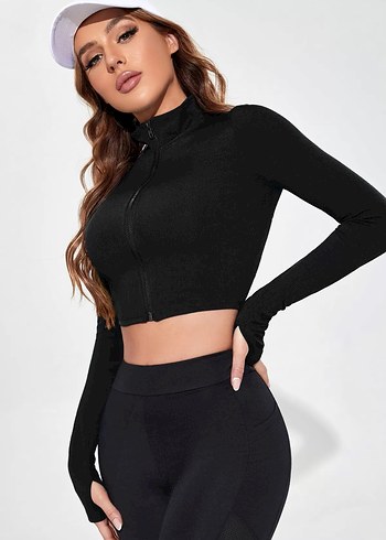 Siyah Fermuarlı Crop Spor Üst - Görsel 5