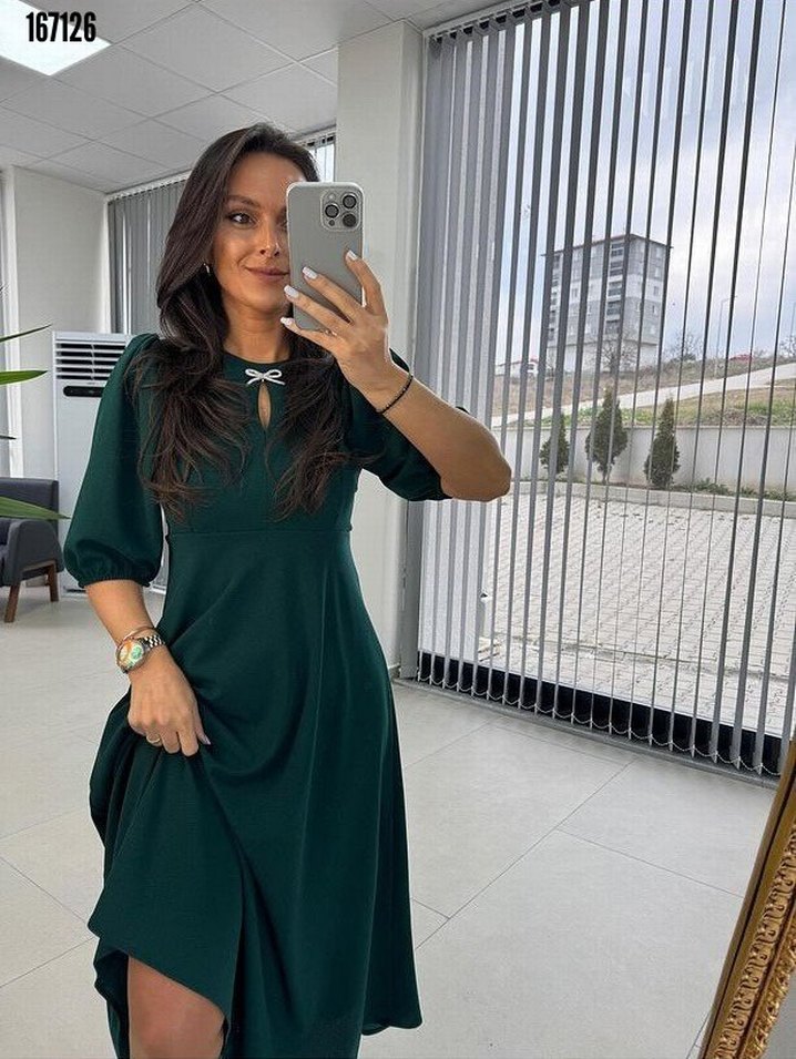 Yeşil V Yakalı Kemerli Midi Elbise - Görsel 2