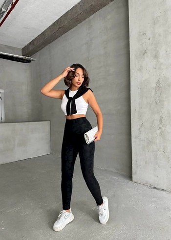 Gizli yan fermuarlı bulut desenli tayt siyah - Görsel 4