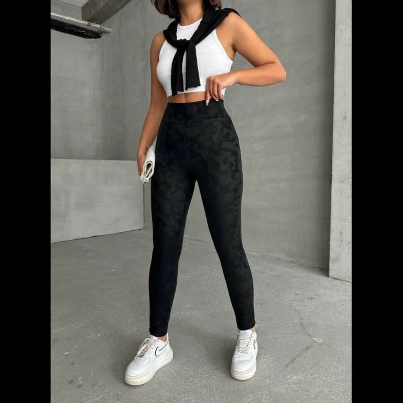 Gizli yan fermuarlı bulut desenli tayt siyah - Görsel 2