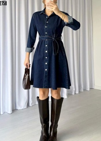 Lacivert Denim Midi Elbise - Görsel 2