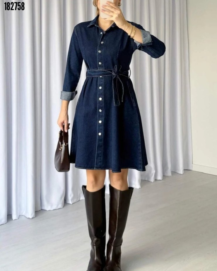 Lacivert Denim Midi Elbise - Görsel 2