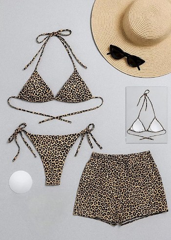 Leopar Desenli Mini Bikini ve Şort Takımı