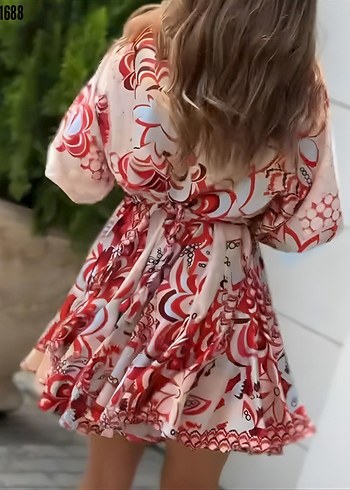 m Beden çeşitli Renk Kısa balon kollu yuvarlak yakalı pileli desenli mini elbise