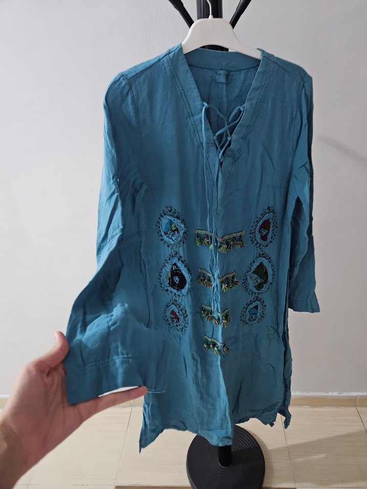 Nakışlı Düğmeli Turkuaz Uzun Kollu Bohem Tunik - Görsel 2