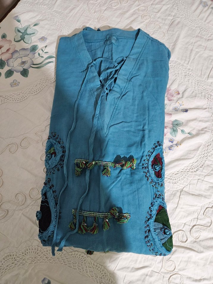 Nakışlı Düğmeli Turkuaz Uzun Kollu Bohem Tunik - Görsel 4
