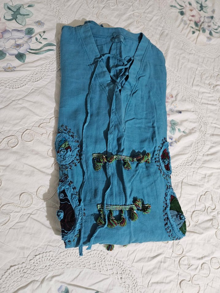 Nakışlı Düğmeli Turkuaz Uzun Kollu Bohem Tunik - Görsel 3
