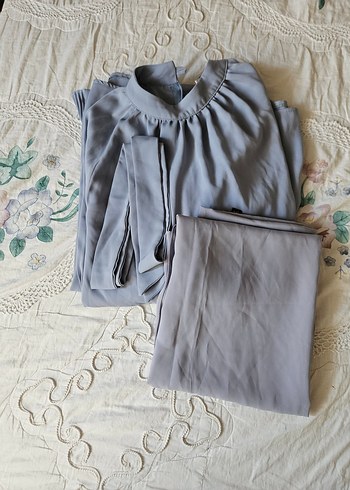 Mavi Gri Tesettür Medine ipeği Elbise ve Medine ipeği gri şal - Görsel 11