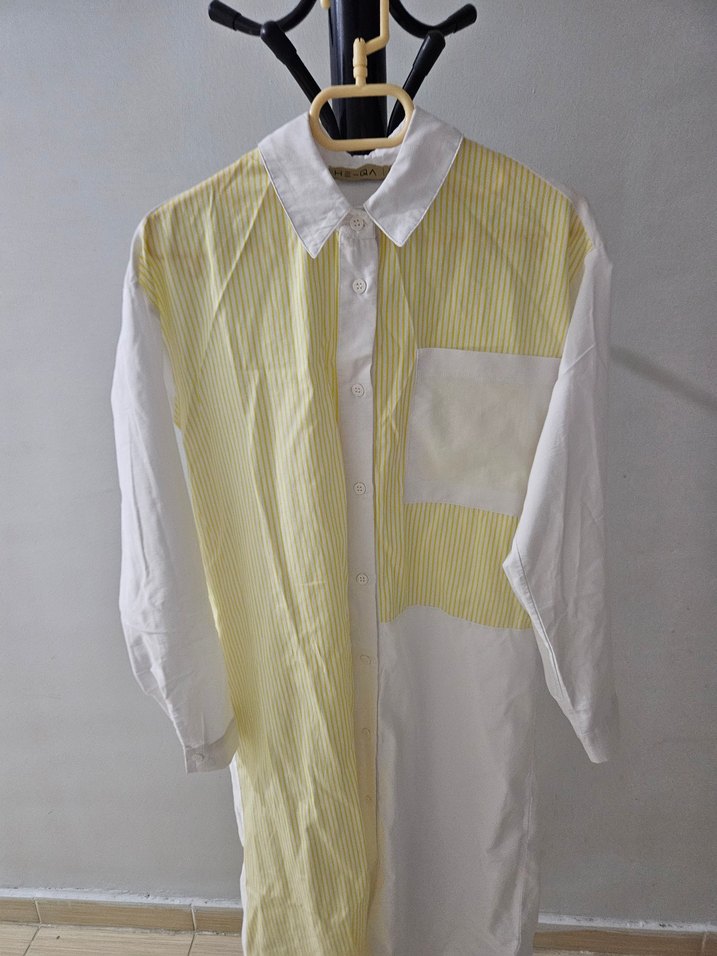 Heqa Sarı Pamuklu Düğmeli Midi Kadın Gömlek - Görsel 2