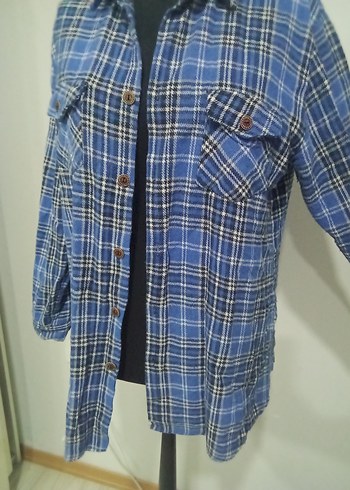 Kadın Mavi Ekose Uzun Kol Gömlek XXL beden uzunluk 70cm