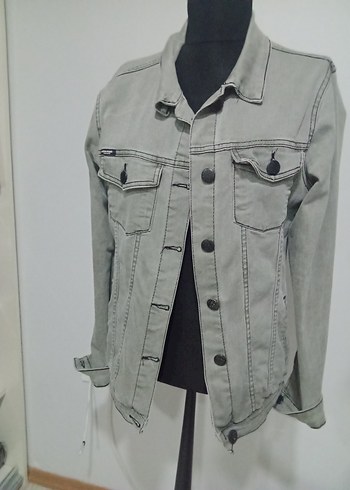 Gri Kadın Denim erkek Ceket Düğmeli