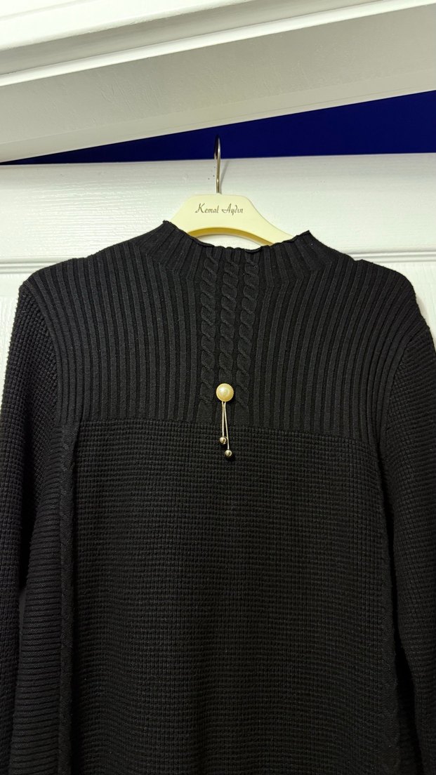 Siyah Uzun Triko Elbise Yüksek Yakalı - Görsel 3