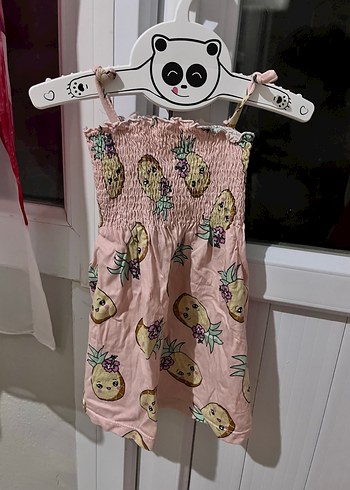 Kız Çocuk Pembe Ananas Desenli Askılı Elbise