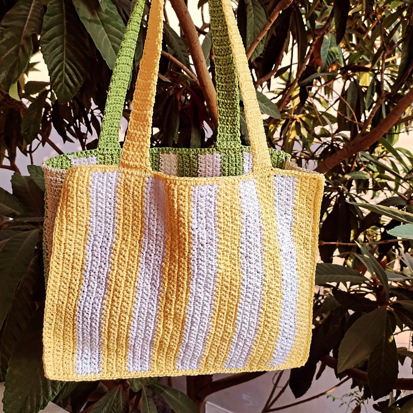 Yeşil-Sarı Çizgili Çift Taraflı Örgü Bohem Kol Çantası - Görsel 2