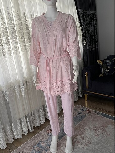 Diğer Pudra keten sabahlıklı Pamuklu pijama takımı seti
