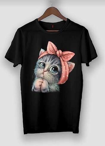 Sevimli Kedi Baskılı Siyah T-shirt