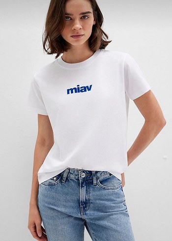 m Beden MAVİ Beyaz Pamuklu Mini Baskılı Tişört
