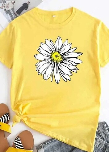 Diğer 4 renk Papatya Baskılı Kadın T-shirt