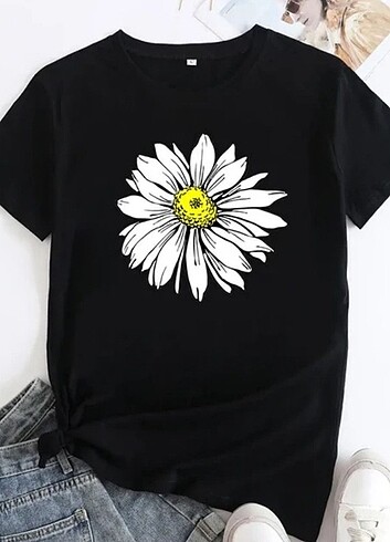 m Beden 4 renk Papatya Baskılı Kadın T-shirt
