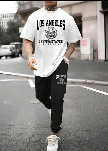 Erkek Gri Siyah Los Angeles Baskılı Pijama Takımı - Görsel 2