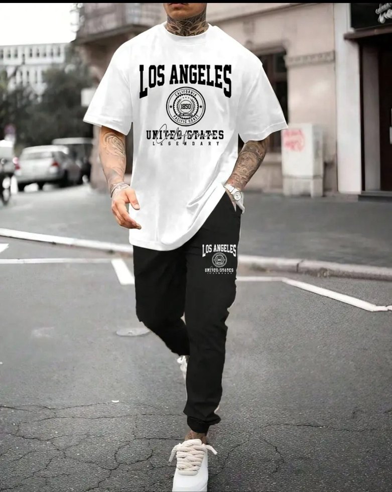 Erkek Gri Siyah Los Angeles Baskılı Pijama Takımı - Görsel 2