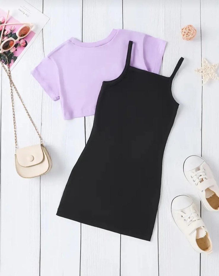 Mor Baskılı Kelebekli Siyah Elbise ve Mor Tişört - Görsel 2