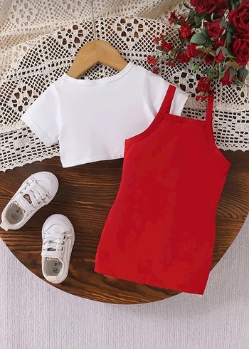 Kız Bebek Kırmızı Askılı Elbise ve Beyaz Tişört Seti - Görsel 2