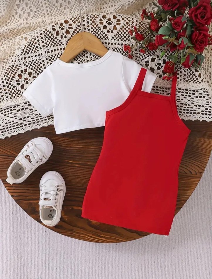 Kız Bebek Kırmızı Askılı Elbise ve Beyaz Tişört Seti - Görsel 2