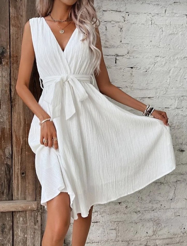 Beyaz Pileli Kolsuz Mini Bohem Elbise - Görsel 2