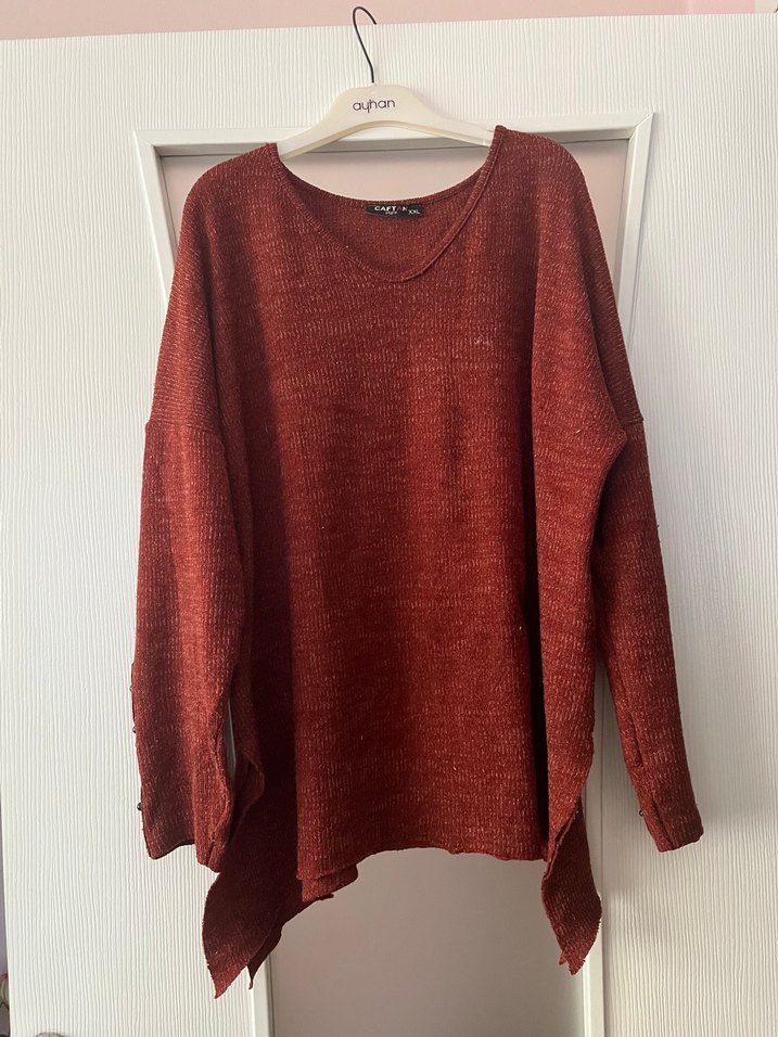 Düğmeli Bordo Bohem Triko Kazak - Görsel 4