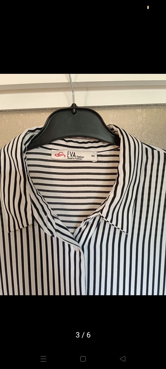 Düğmeli Uzun Kollu Çizgili Gri Kadın Gömlek - Görsel 3