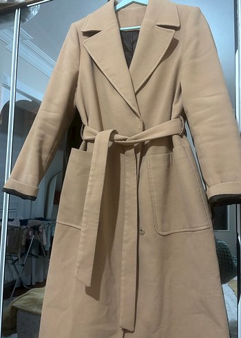 Bej Süet Kemerli Uzun Kadın Kaban - Görsel 2