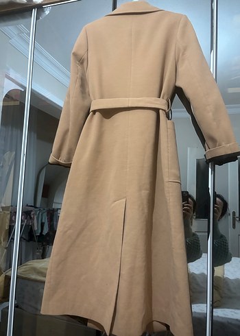 Bej Süet Kemerli Uzun Kadın Kaban - Görsel 4