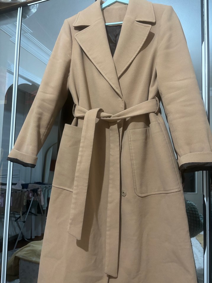 Bej Süet Kemerli Uzun Kadın Kaban - Görsel 2