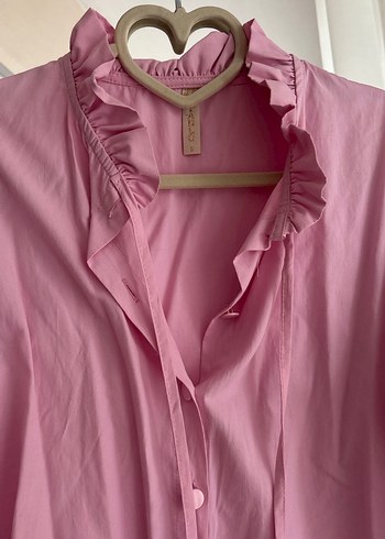 Pembe Fırfırlı Uzun Kollu Kadın Gömlek - Görsel 3
