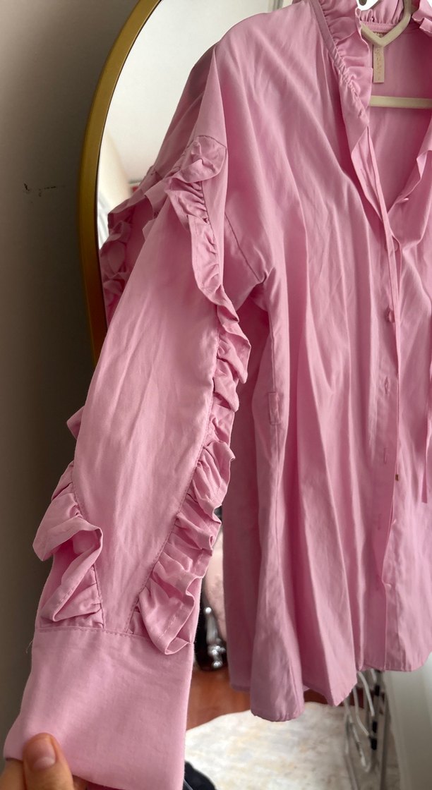 Pembe Fırfırlı Uzun Kollu Kadın Gömlek - Görsel 2